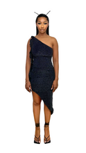 Load image into Gallery viewer, &#39;OPULENCE&#39; One Shoulder Ruched Glitter Dress
